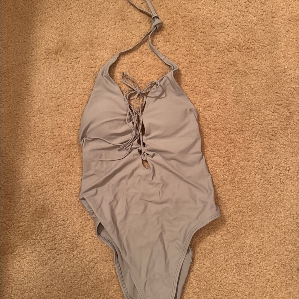 Aerie Light Gray Lace-Up One-Piece Swimsuit